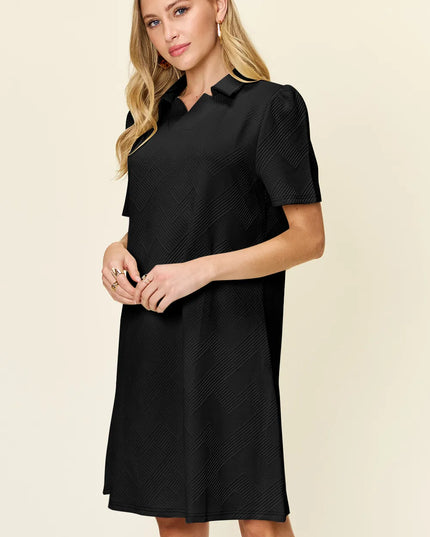 Double Take Full Size Texture Collared Neck Short Sleeve Dress