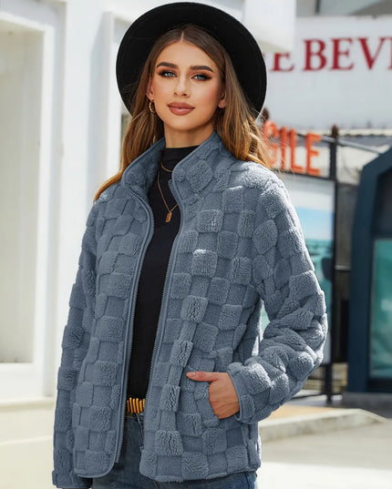 Fuzzy Checkered Zip Up Jacket Deep Teal