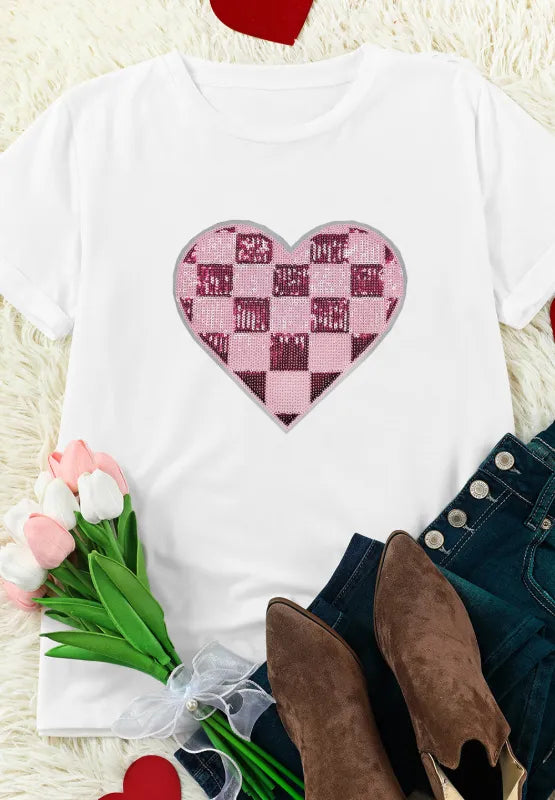 Sequin Checkered Heart Round Neck Short Sleeve T-Shirt
