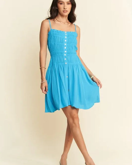 Davi & Dani Smocking Bodice Sleeveless Button Down Mini Dress