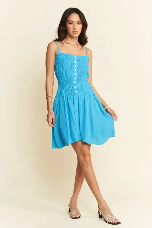 Davi & Dani Smocking Bodice Sleeveless Button Down Mini Dress