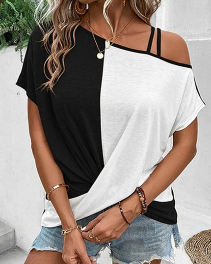 Contrast Asymmetrical Neck Short Sleeve T-Shirt Black