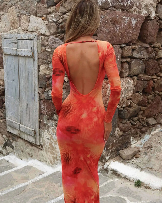 Tie-Dye Long Sleeve Maxi Bodycon Dress Orange