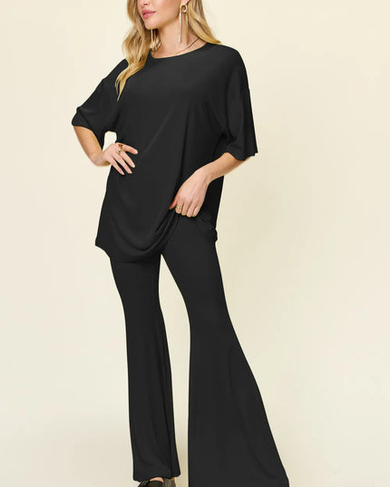 Double Take Full Size Round Neck Drop Shoulder T-Shirt and Flare Pants Set