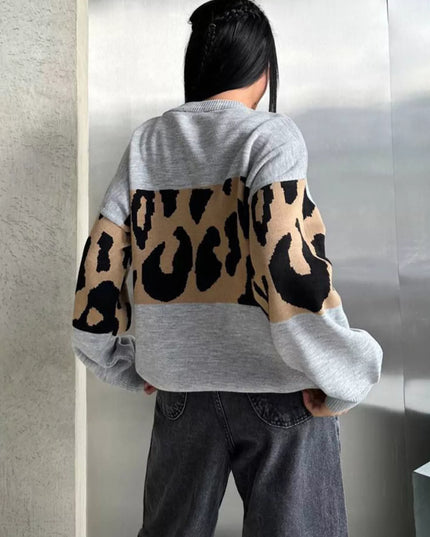 Leopard Color Block Round Neck Sweater