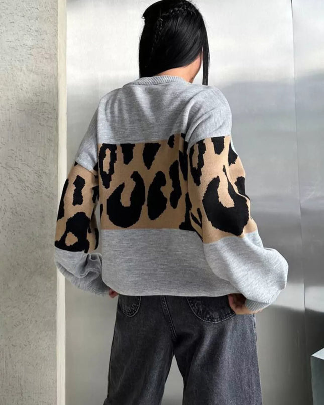 Leopard Color Block Round Neck Sweater