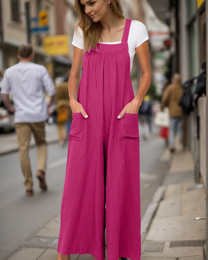 Double Take Full Size Wide Leg Overalls with Pockets Hot Pink