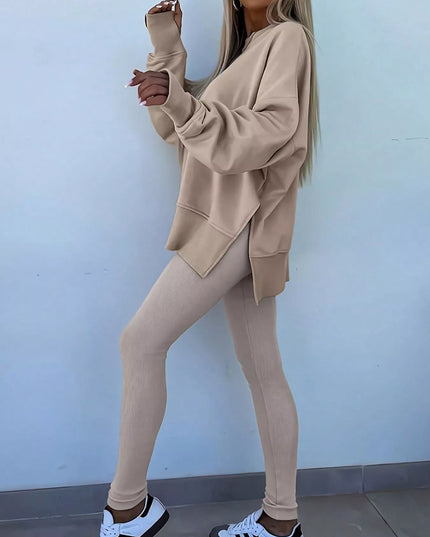 Solid Color Oversize Slit Sweatshirt and Ribbed Leggings 2pcs Set