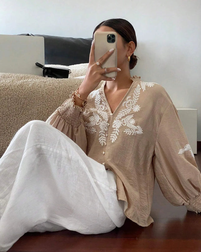 Embroidered Lantern Sleeve Blouse