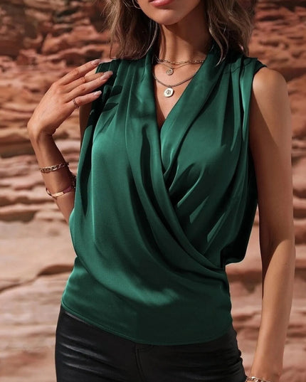 Sleeveless Wrap Draped Blouse Green