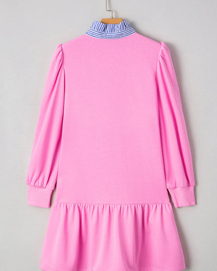 Contrast Striped Collar Patchwork Puff Sleeve Ruffle Hem Mini Dress