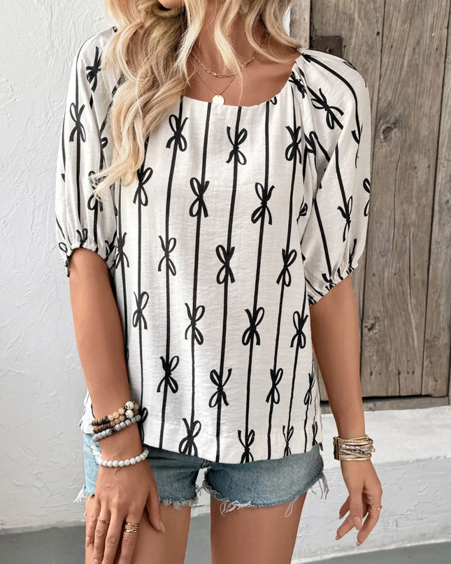 Bow Print Puff Sleeve Casual Blouse 
