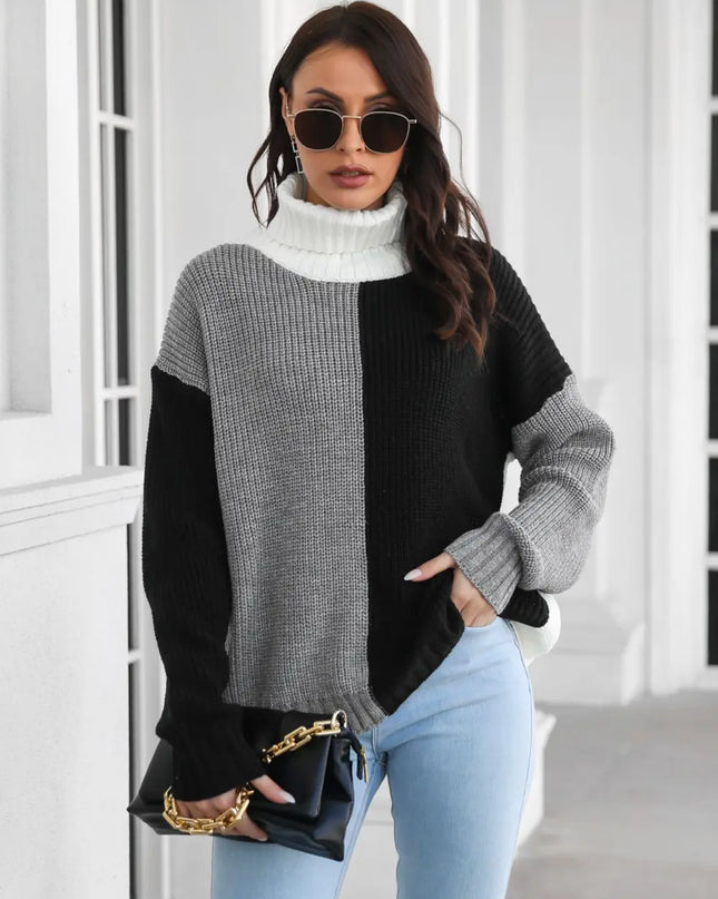Contrast Turtleneck Long Sleeve Sweater Black