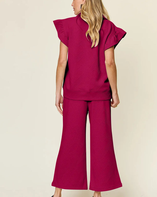 Double Take Texture Ruffle Short Sleeve Top and Drawstring Wide Leg Pants Set