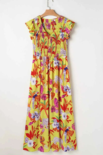 Cheetah Plant Print Shirred Button V Neck Maxi Dress