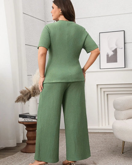 Plus Size Asymmetrical Round Neck Short Sleeve Top and Pants Set