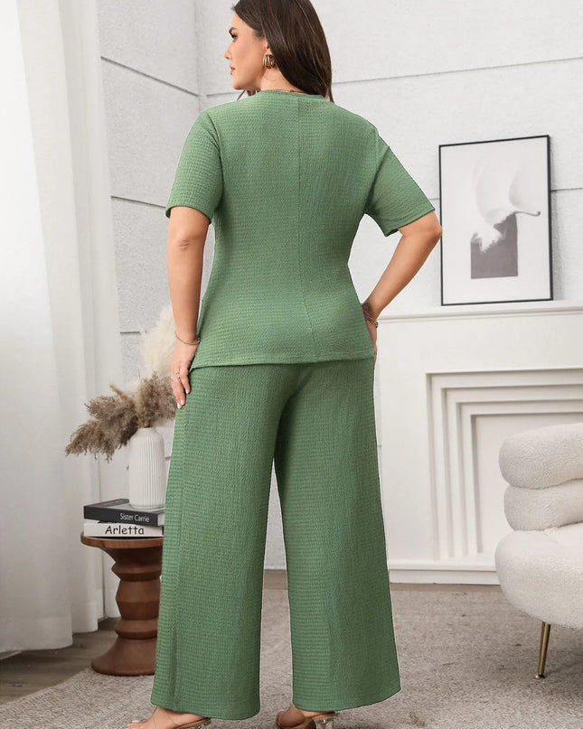 Plus Size Asymmetrical Round Neck Short Sleeve Top and Pants Set