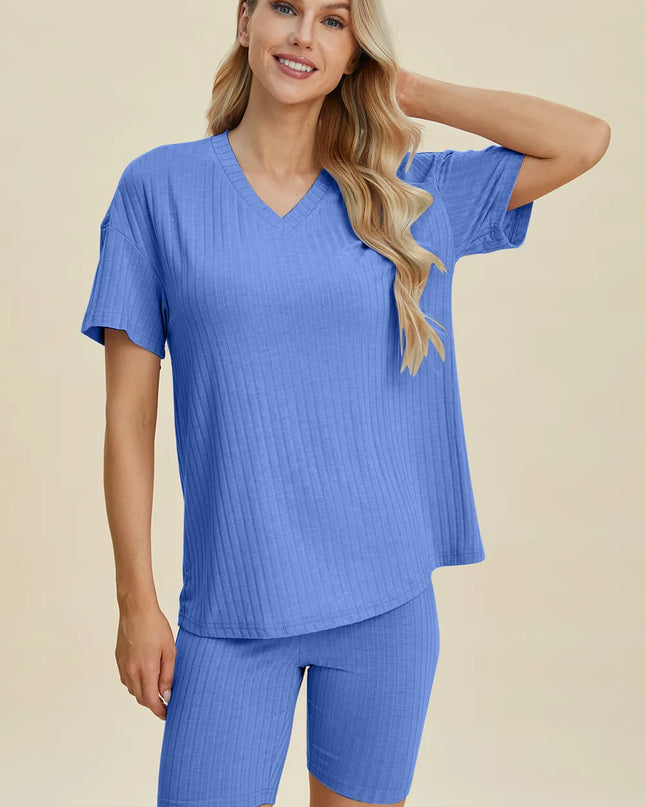 Basic Bae Full Size Ribbed V-Neck Short Sleeve Top and Shorts Set