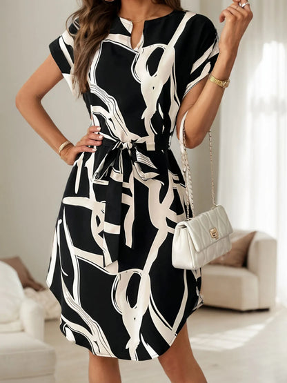 Abstract Print Belted Short Sleeve Midi Dress Black