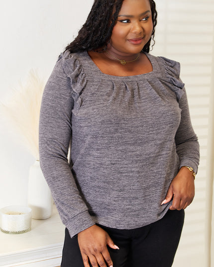 Double Take Square Neck Ruffle Shoulder Long Sleeve T-Shirt Dark Gray