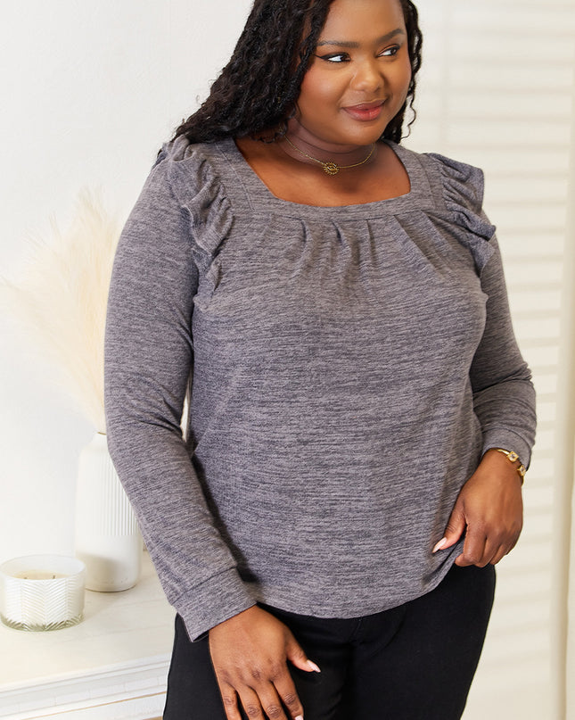 Double Take Square Neck Ruffle Shoulder Long Sleeve T-Shirt Dark Gray