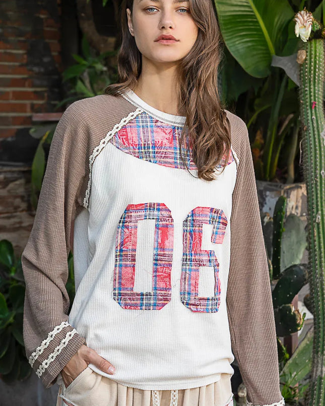 POL Plaid Number 06 Raglan Sleeve T-Shirt Mocha