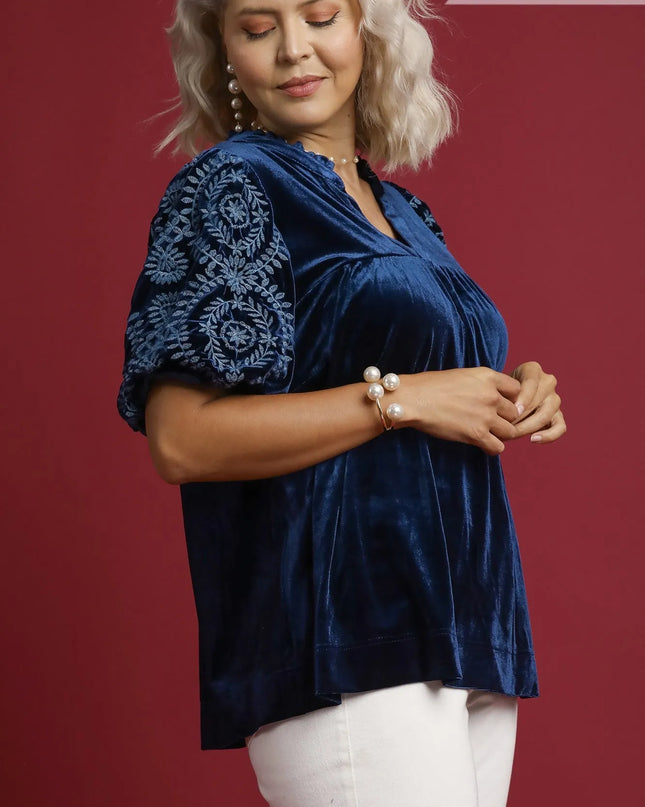 Umgee Full Size Velvet Embroidered Sleeve Blouse Plus Size