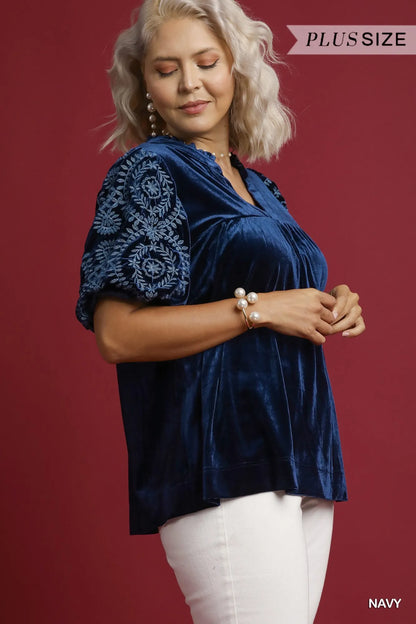 Umgee Full Size Velvet Embroidered Sleeve Blouse Plus Size