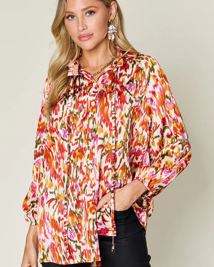 Double Take Full Size Printed Button Up Long Sleeve Shirt Tangerine