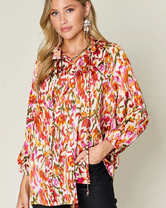 Double Take Full Size Printed Button Up Long Sleeve Shirt Tangerine