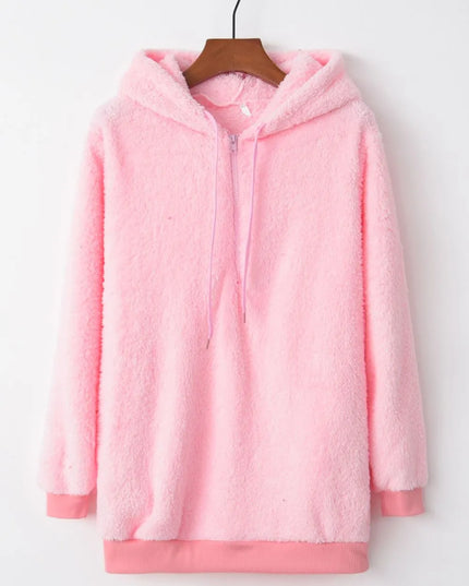 Full Size Quarter-Zip Drawstring Teddy Hoodie