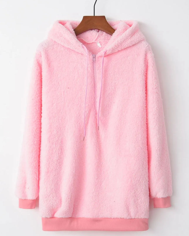Full Size Quarter-Zip Drawstring Teddy Hoodie