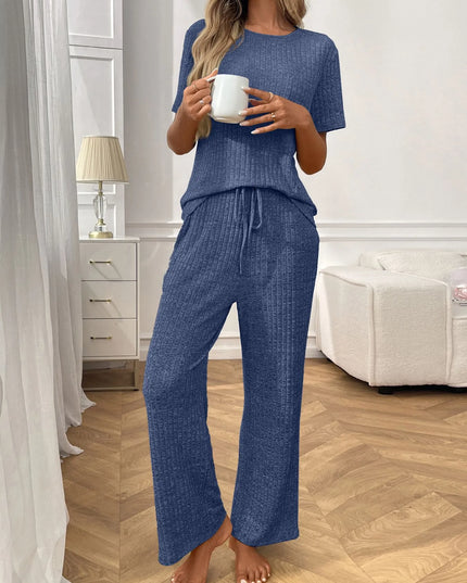 Ribbed Knit Short Sleeve Top and Pants Lounge Set Blue
