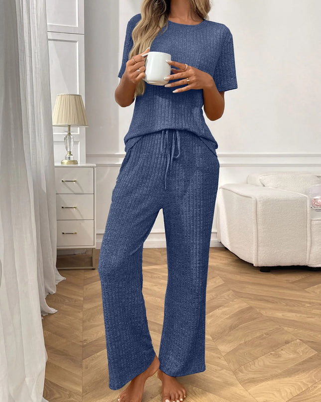 Ribbed Knit Short Sleeve Top and Pants Lounge Set Blue