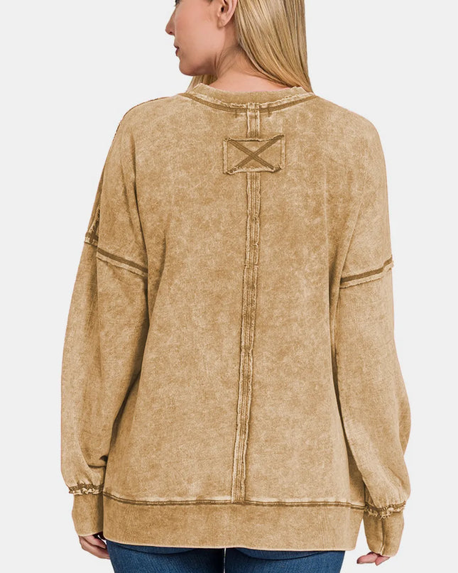Zenana Exposed Seam Round Neck Dropped Shoulder Sweatshirt
