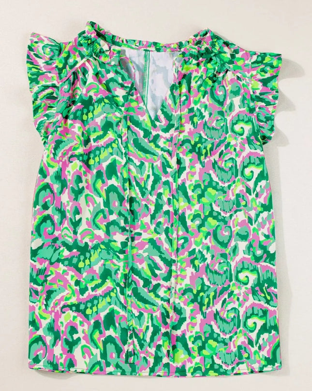 Abstract Print Ruffled Trim Tie Neck Top