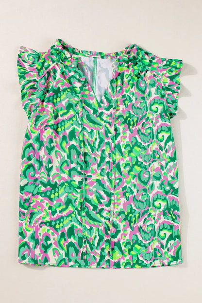 Abstract Print Ruffled Trim Tie Neck Top