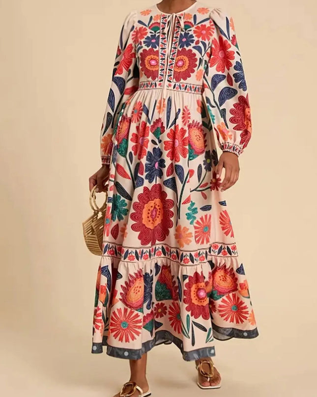 Floral Tie Waist Long Sleeve Dress