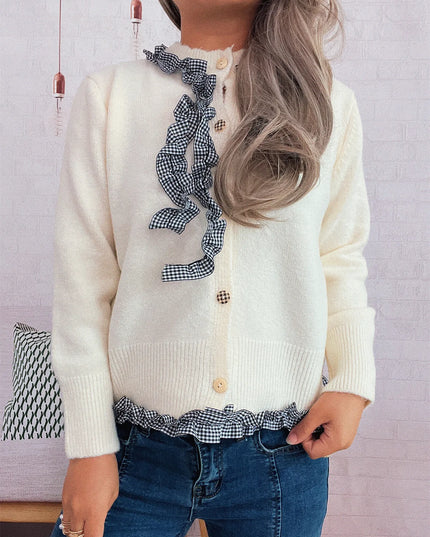Ruffle Trim Gingham Cardigan White One Size