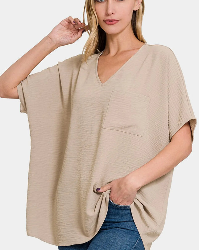 Zenana Full Size Texture V-Neck Short Sleeve Top LT MOCHA
