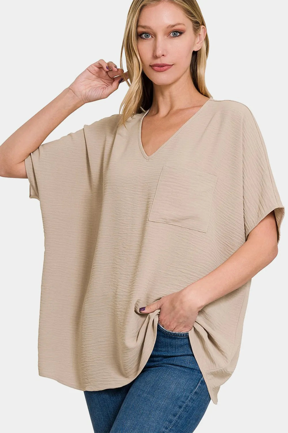 Zenana Full Size Texture V-Neck Short Sleeve Top LT MOCHA