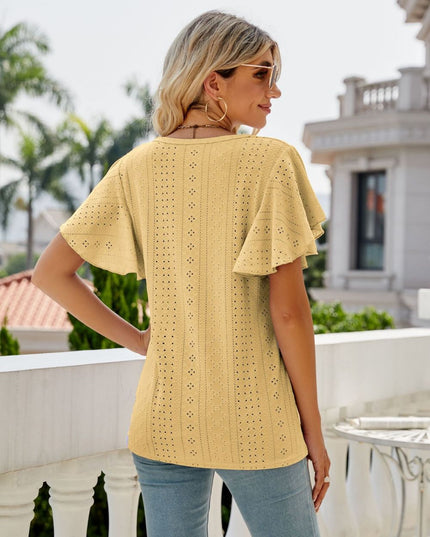 Eyelet Flutter Sleeve Round Neck Top