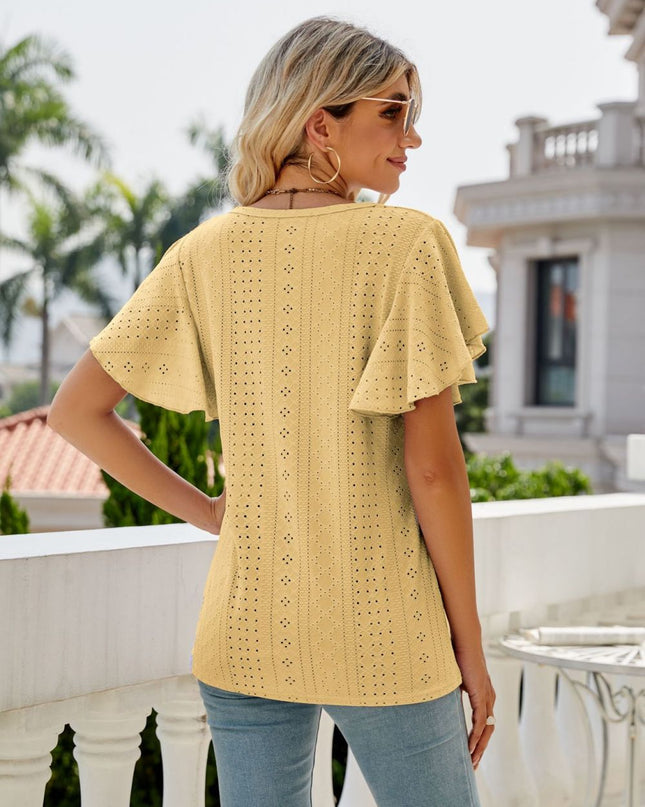 Eyelet Flutter Sleeve Round Neck Top