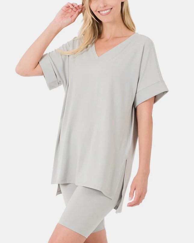 Zenana Full Size V-Neck Short Sleeve Slit T-Shirt and Shorts Set Lt Grey