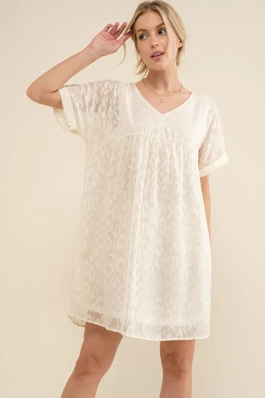 And The Why Woven Leopard Baby Doll Roll-Sleeve Casual Dress