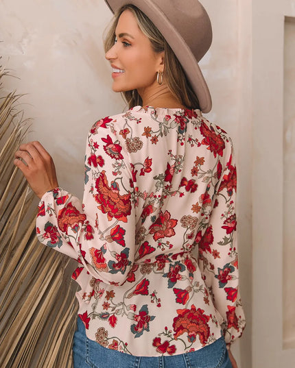 Floral V-Neck Drawstring Peplum Blouse