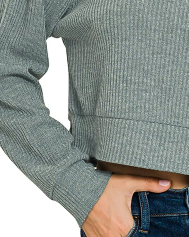 Zenana Drop Shoulder Ribbed Crop Hoodie