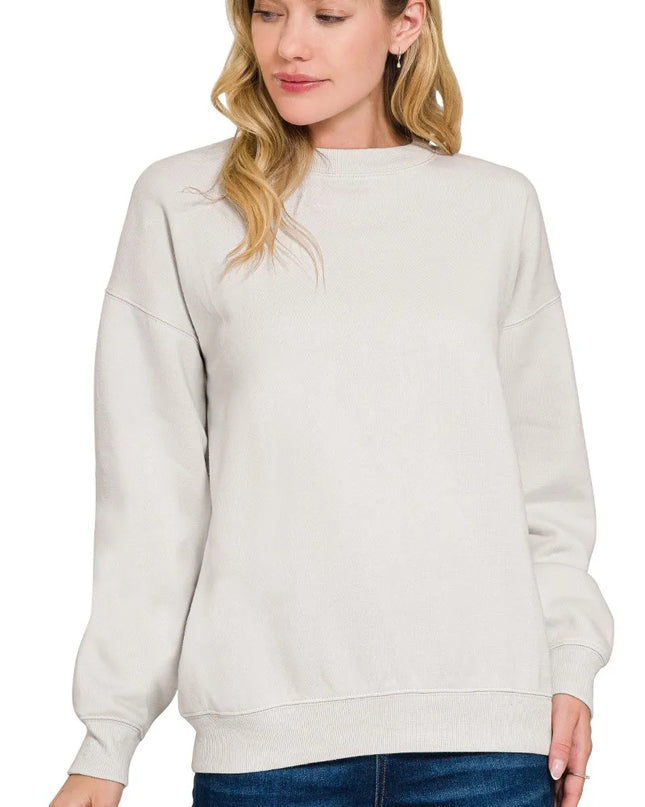 Zenana Fleece Crewneck Long Sleeve Sweatshirt BONE