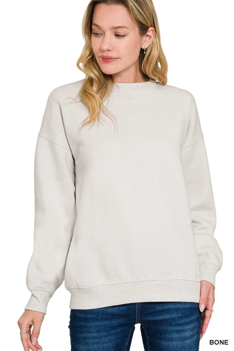 Zenana Fleece Crewneck Long Sleeve Sweatshirt BONE