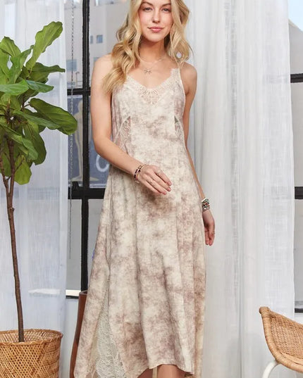 ADORA Printed Spaghetti Strap Midi Dress LT TAUPE